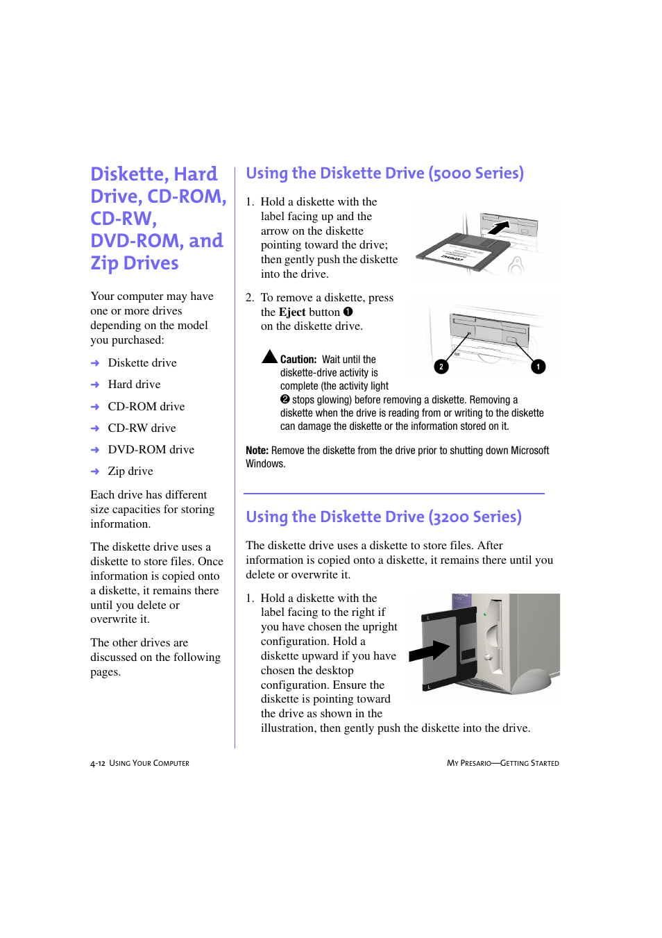 Using the diskette drive (5000 series), Using the diskette drive (3200 series), Using the diskette drive (5000 series) -12 | Using the diskette drive (3200 series) -12 | Compaq 233789-371 User Manual | Page 43 / 101