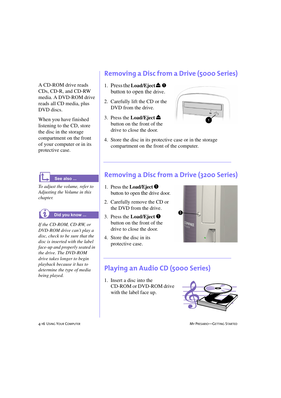 Removing a disc from a drive (5000 series), Removing a disc from a drive (3200 series), Playing an audiocd (5000 series) | Removing a disc from a drive (5000 series) -16, Removing a disc from a drive (3200 series) -16, Playing an audio cd (5000 series) -16, Playing an audio cd (5000 series) | Compaq 233789-371 User Manual | Page 47 / 101