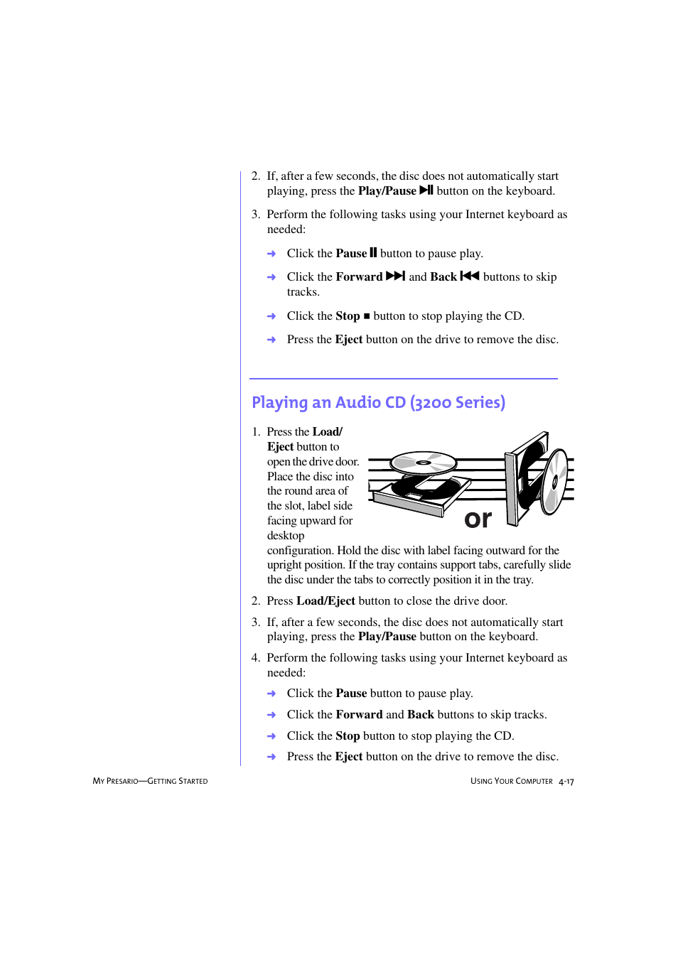 Playing an audiocd (3200 series), Playing an audio cd (3200 series) -17, Playing an audio cd (3200 series) | Compaq 233789-371 User Manual | Page 48 / 101