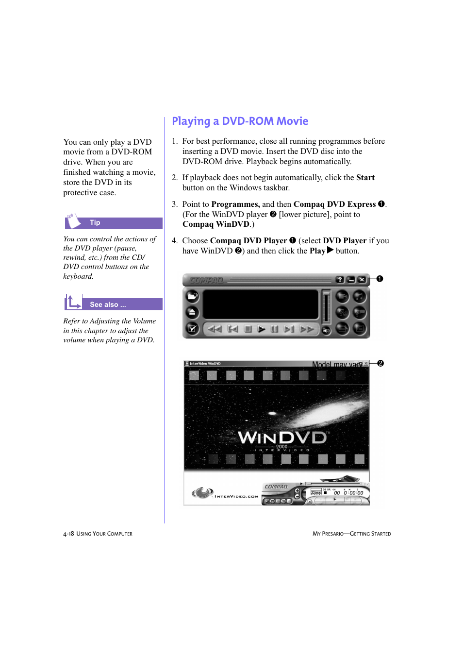 Playing a dvd-rom movie, Playing a dvd-rom movie -18 | Compaq 233789-371 User Manual | Page 49 / 101