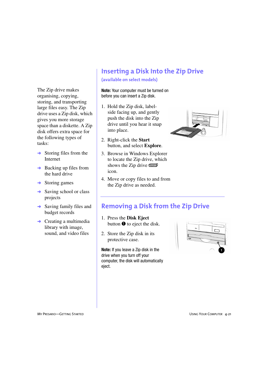 Removing a disk from the zip drive, Inserting a disk into the zip drive, Available on select models) -21 | Removing a disk from the zip drive -21 | Compaq 233789-371 User Manual | Page 52 / 101