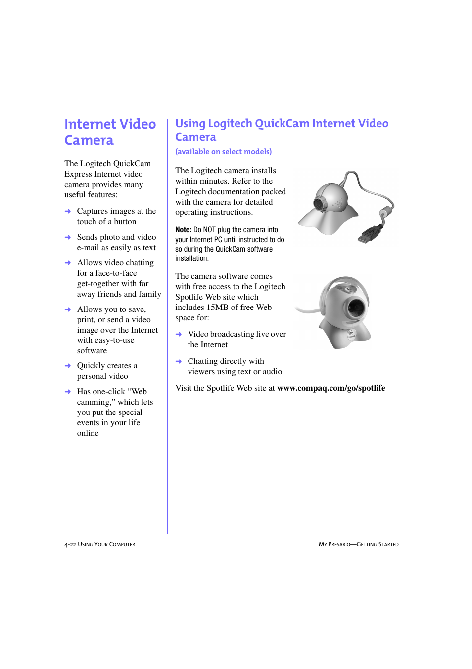 Internet video camera, Internet video camera -22, Using logitech quickcam internet video camera | Available on select models) -22, Internet video camera, 4-22 | Compaq 233789-371 User Manual | Page 53 / 101