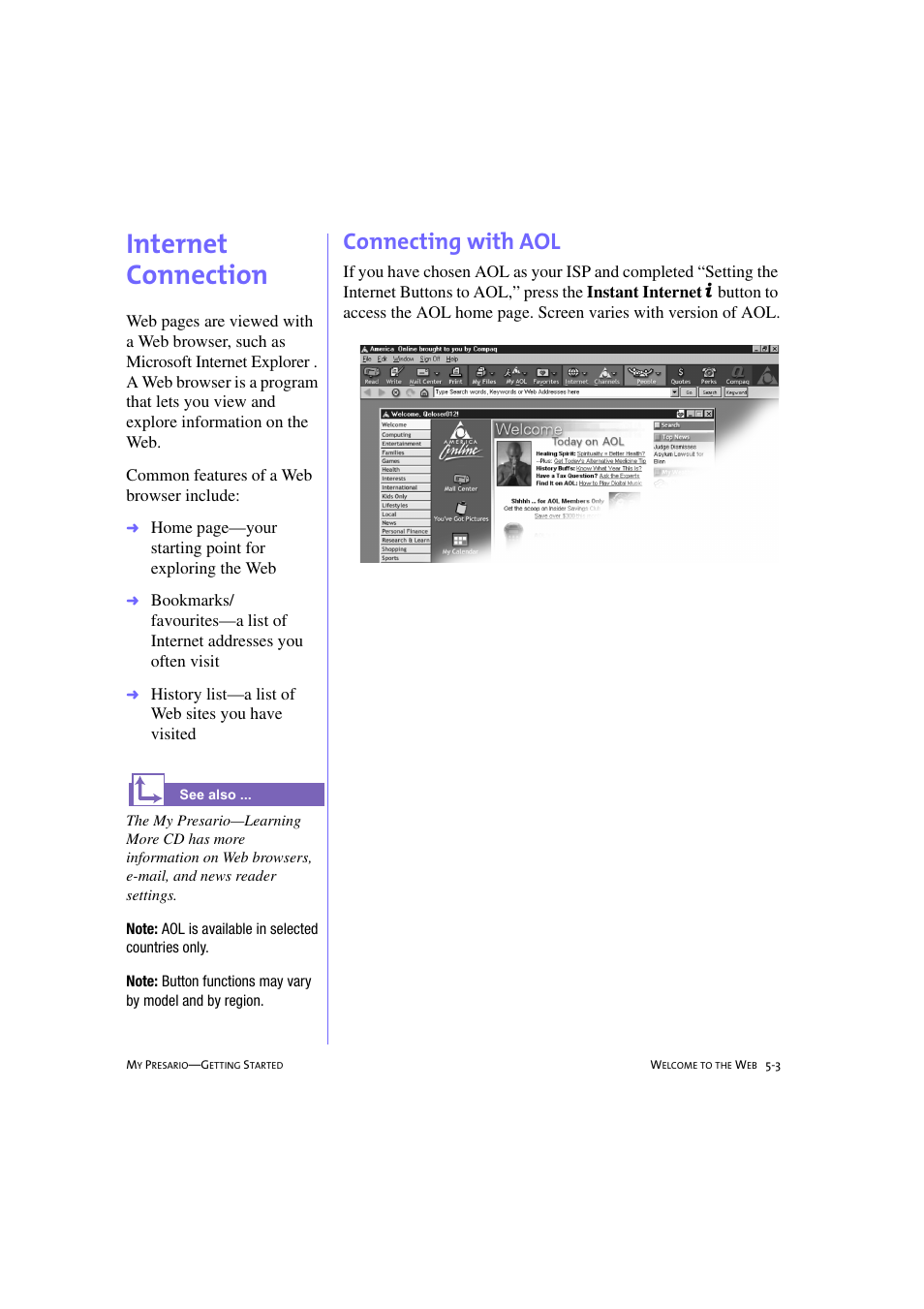 Internet connection, Connecting with aol, Internet connection -3 | Connecting with aol -3, Internet connection, 5-3 | Compaq 233789-371 User Manual | Page 56 / 101