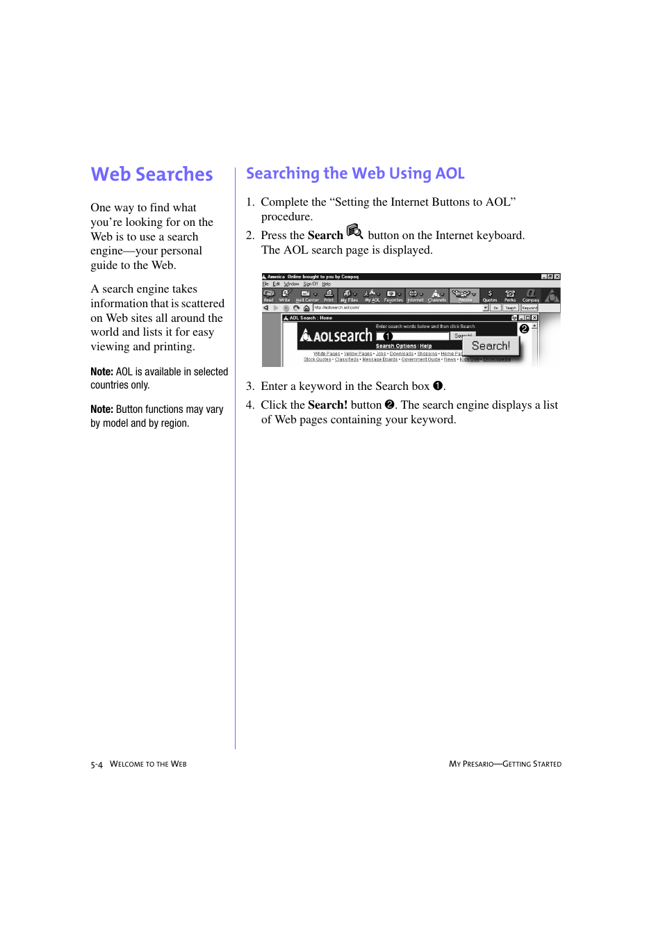 Web searches, Searching the web using aol, Web searches -4 | Searching the web using aol -4, Web searches, 5-4 | Compaq 233789-371 User Manual | Page 57 / 101