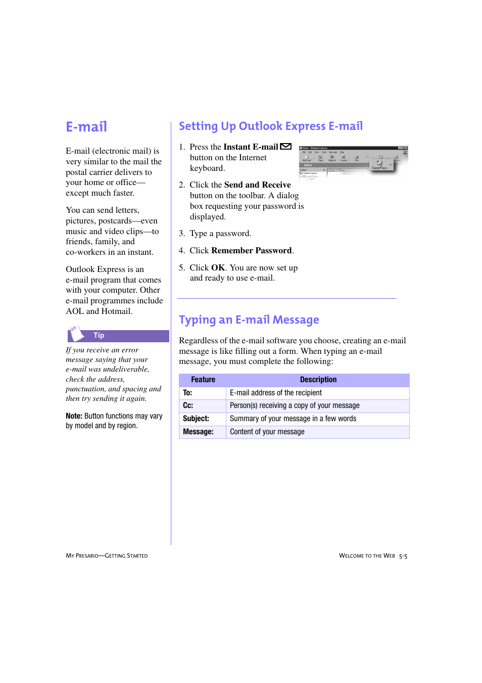 E-mail, Setting up outlook express e-mail, Typing an e-mail message | E-mail -5, Setting up outlook express e-mail -5, Typing an e-mail message -5, E-mail, 5-5 | Compaq 233789-371 User Manual | Page 58 / 101
