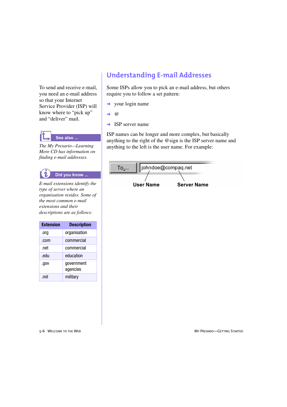 Understanding e-mail addresses, Understanding e-mail addresses -6 | Compaq 233789-371 User Manual | Page 59 / 101