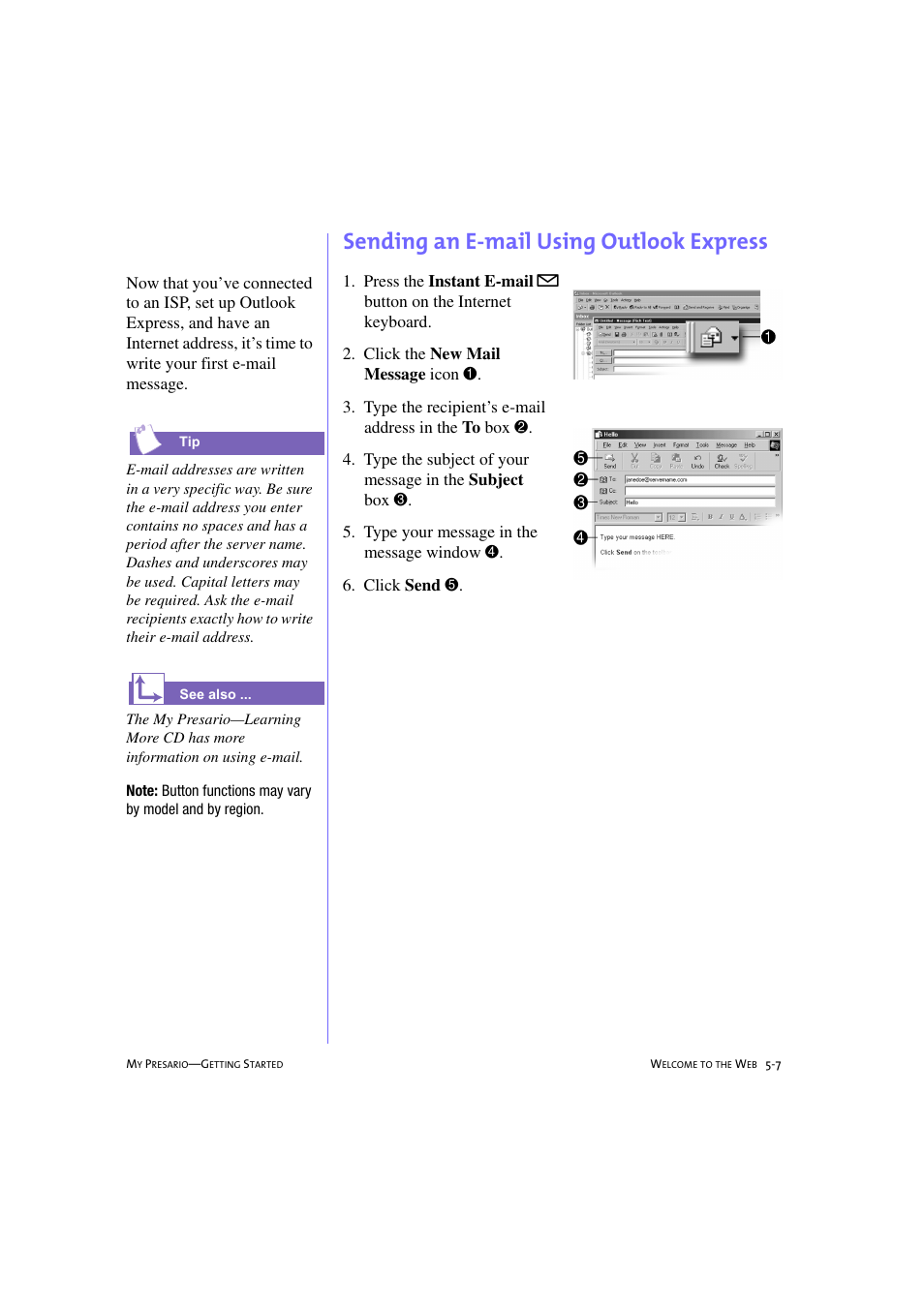 Sending an e-mail using outlook express, Sending an e-mail using outlook express -7 | Compaq 233789-371 User Manual | Page 60 / 101