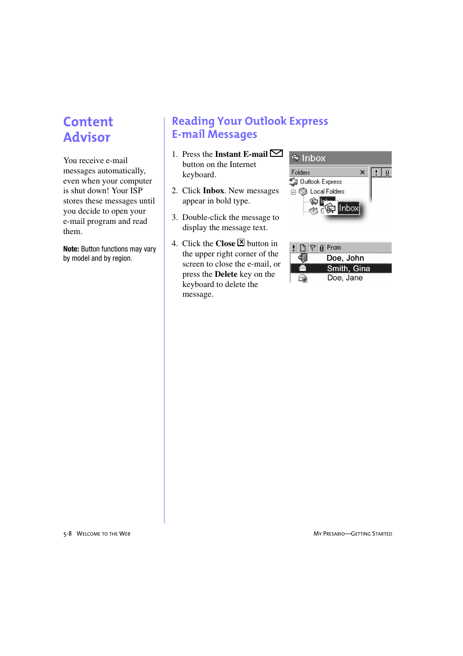 Content advisor, Reading your outlook express e-mail messages, Content advisor -8 | Reading your outlook express e-mail messages -8, Content advisor, 5-8 | Compaq 233789-371 User Manual | Page 61 / 101