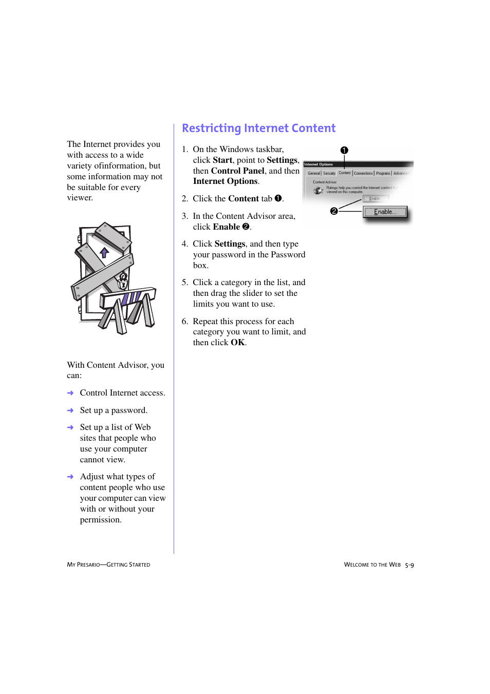 Restricting internet content, Restricting internet content -9 | Compaq 233789-371 User Manual | Page 62 / 101