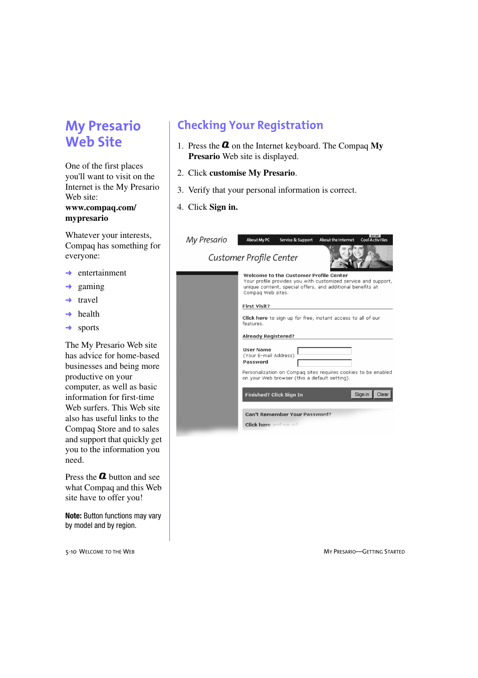 My presario web site, Checking your registration, My presario web site -10 | Checking your registration -10, My presario web site, 5-10 | Compaq 233789-371 User Manual | Page 63 / 101