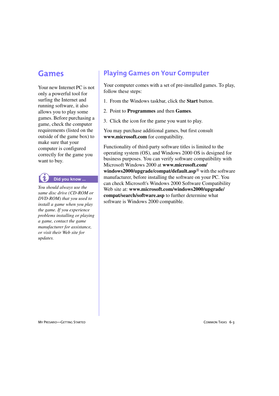 Games, Playing games on your computer, Games -3 | Playing games on your computer -3 | Compaq 233789-371 User Manual | Page 66 / 101