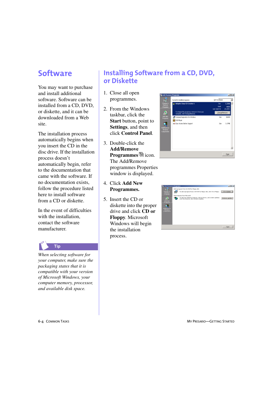 Software, Installing software from a cd, dvd, or diskette, Software -4 | Installing software from a cd, dvd, or diskette -4 | Compaq 233789-371 User Manual | Page 67 / 101