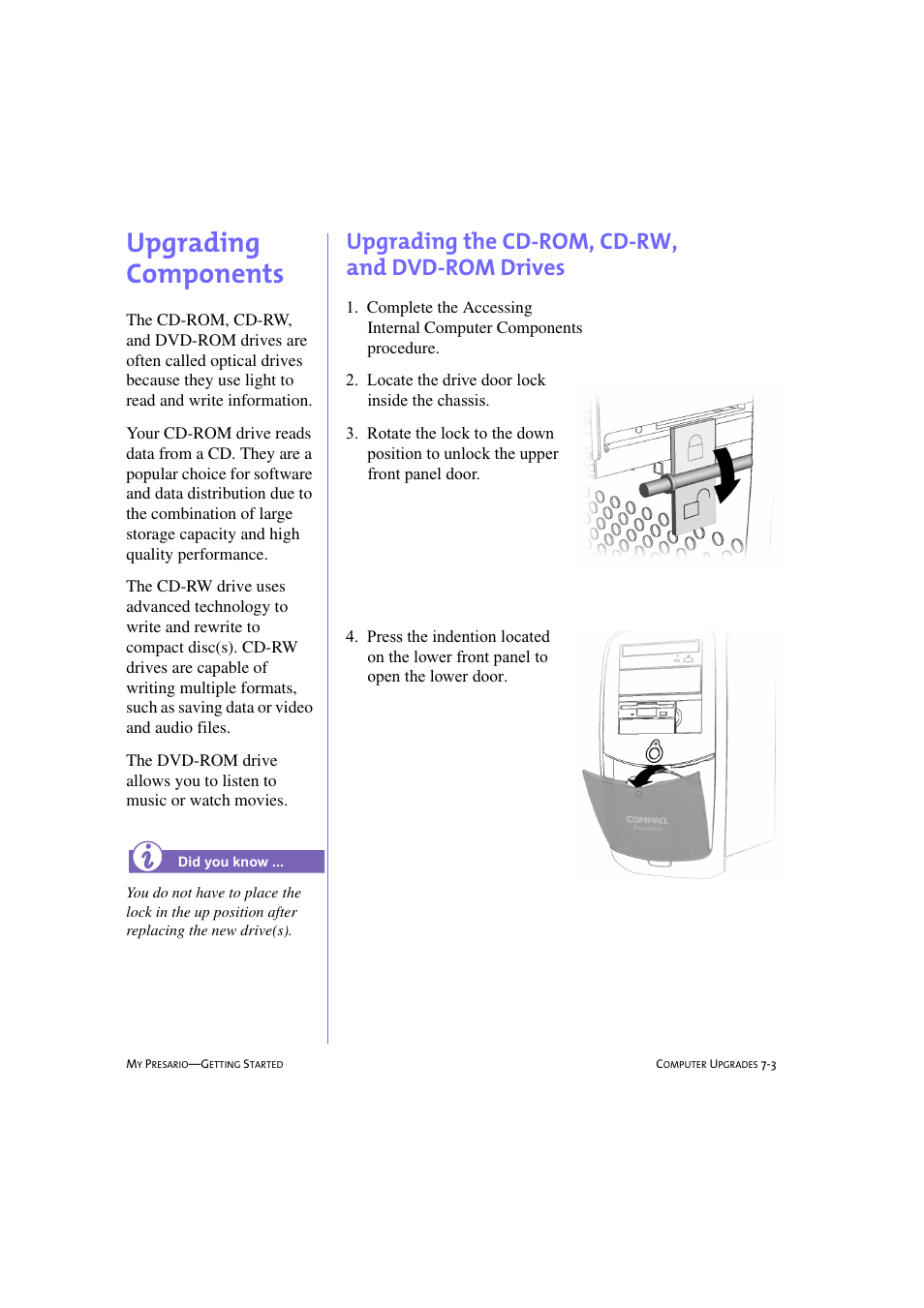 Upgrading components, Upgrading the cd-rom, cd-rw, and dvdrom drives, Upgrading components -3 | Upgrading the cd-rom, cd-rw, And dvd-rom drives -3, Upgrading the cd-rom, cd-rw, and dvd-rom drives | Compaq 233789-371 User Manual | Page 72 / 101