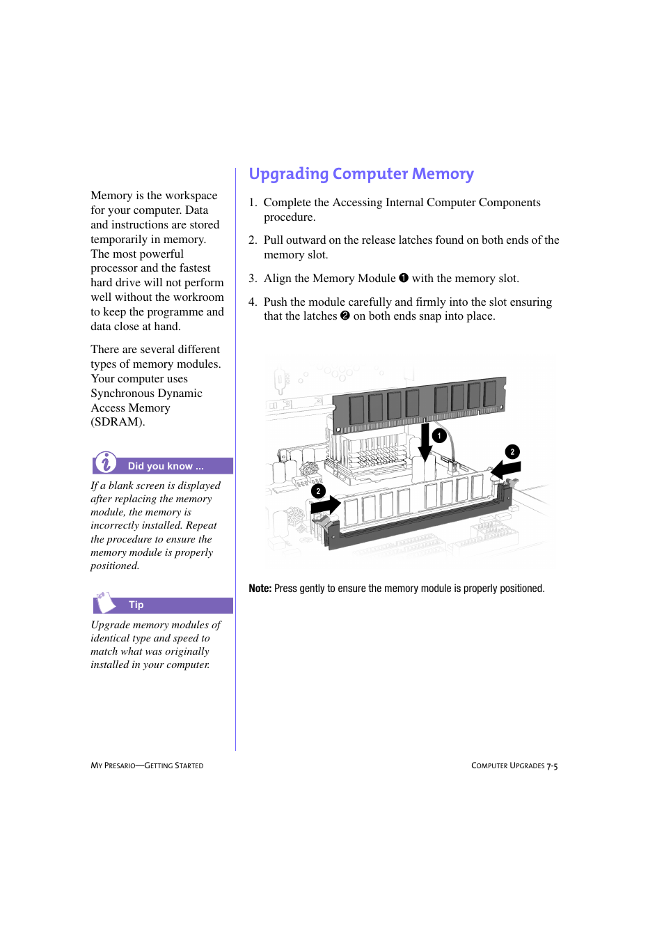 Upgrading computer memory, Upgrading computer memory -5 | Compaq 233789-371 User Manual | Page 74 / 101