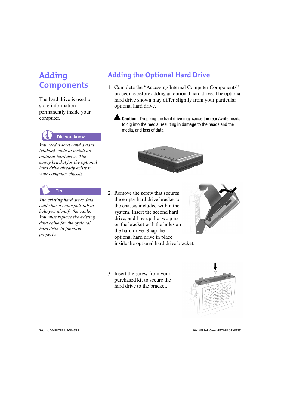 Adding components, Adding the optional hard drive, Adding components -6 | Adding the optional hard drive -6 | Compaq 233789-371 User Manual | Page 75 / 101