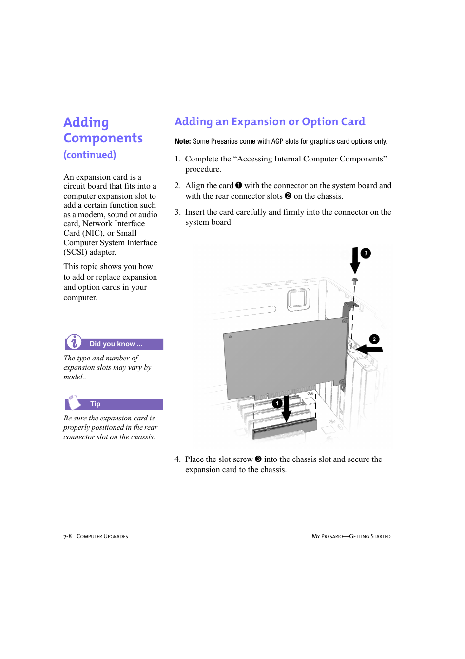 Adding an expansion or option card, Adding an expansion or option card -8, Adding components | Continued) | Compaq 233789-371 User Manual | Page 77 / 101