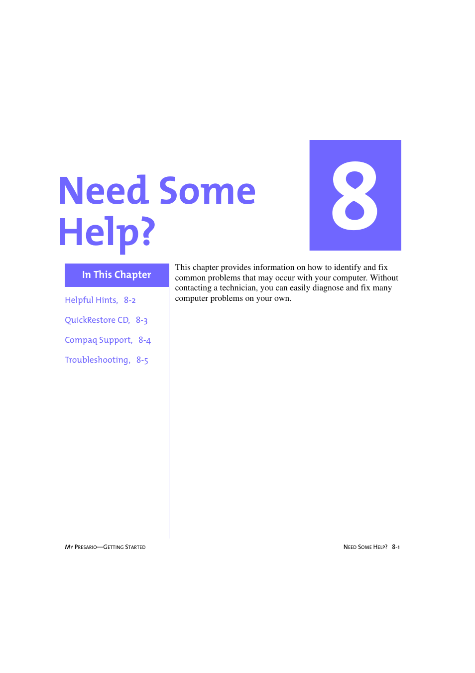 Need some help, Chapter 8 need some help? -1 | Compaq 233789-371 User Manual | Page 78 / 101
