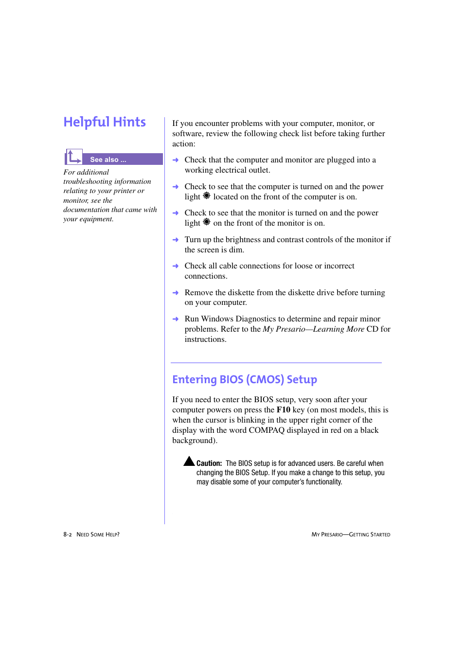 Helpful hints, Entering bios (cmos) setup, Helpful hints -2 | Entering bios (cmos) setup -2, Helpful hints, 8-2 | Compaq 233789-371 User Manual | Page 79 / 101