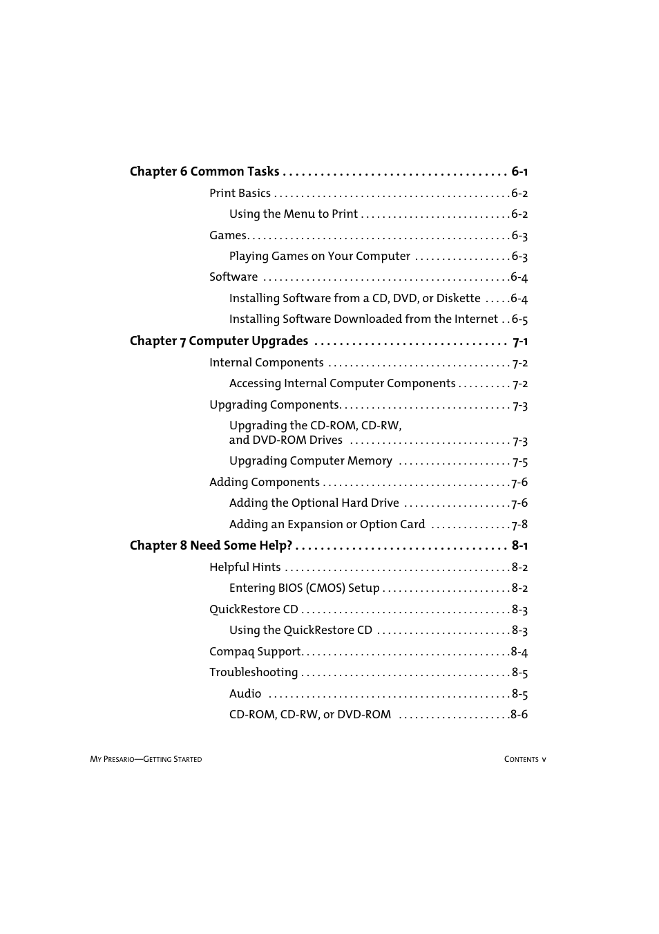 Chapter 6 common tasks -1, Chapter 7 computer upgrades -1, Chapter 8 need some help? -1 | Compaq 233789-371 User Manual | Page 8 / 101