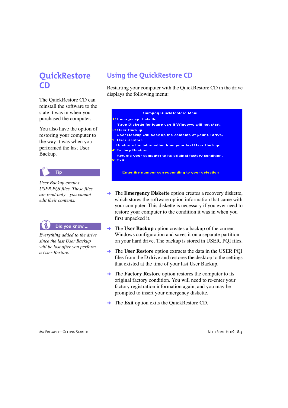 Quickrestore cd, Using the quickrestore cd, Quickrestore cd -3 | Using the quickrestore cd -3, Quickrestore cd, 8-3 | Compaq 233789-371 User Manual | Page 80 / 101