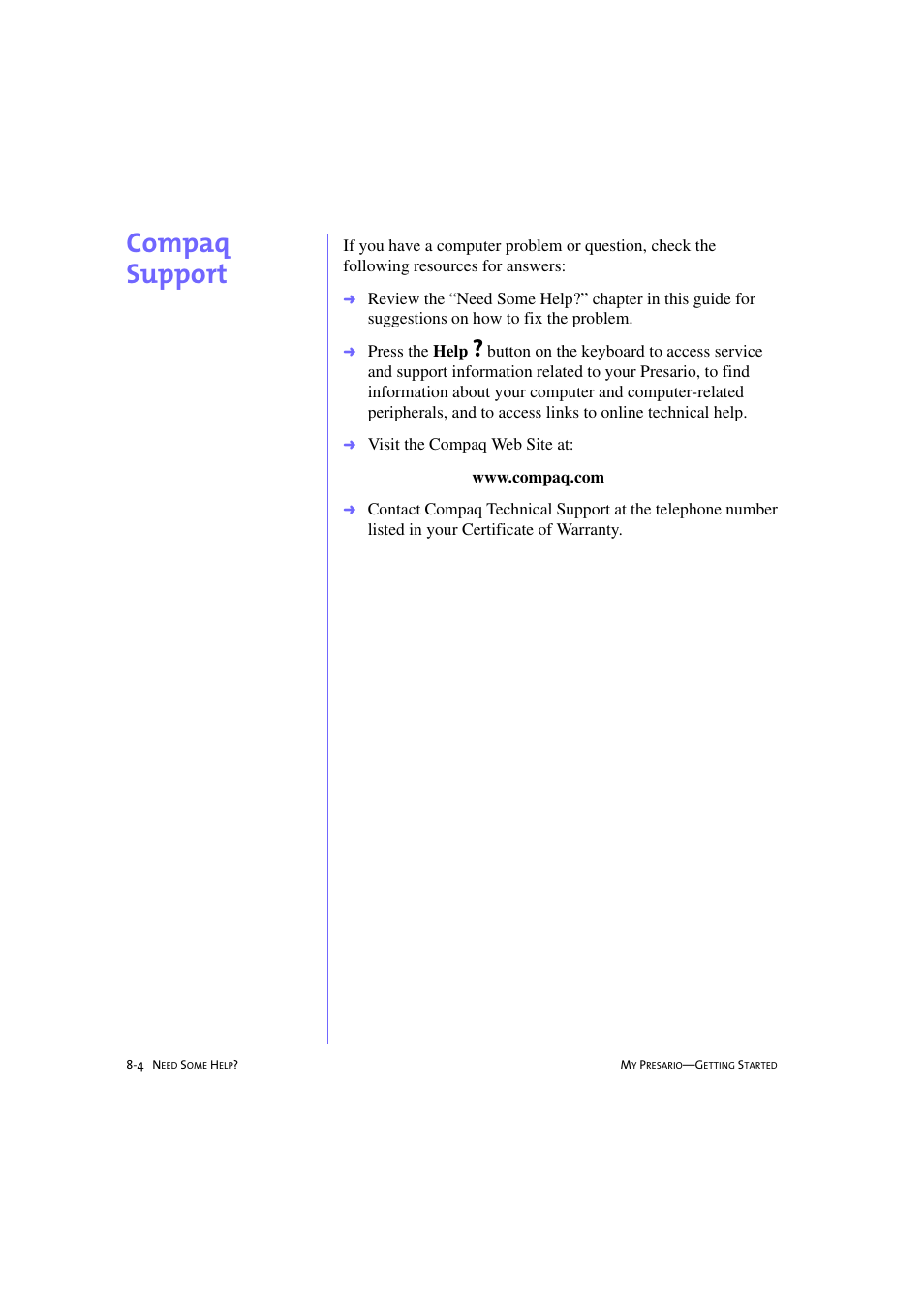 Compaq support, Compaq support -4, Compaq support, 8-4 | Compaq 233789-371 User Manual | Page 81 / 101