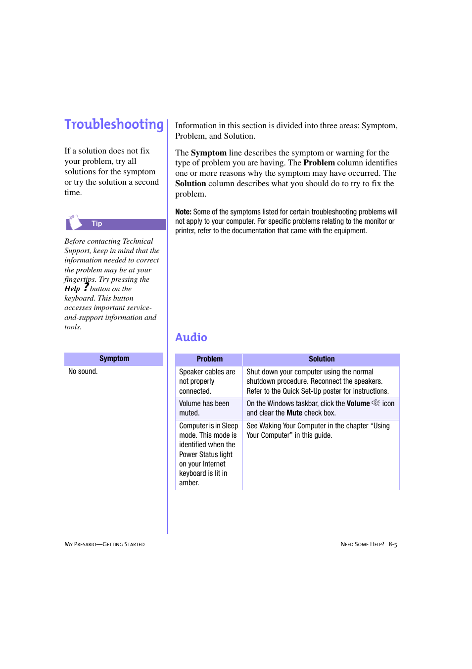 Troubleshooting, Audio, Troubleshooting -5 | Audio -5, Troubleshooting, 8-5 | Compaq 233789-371 User Manual | Page 82 / 101