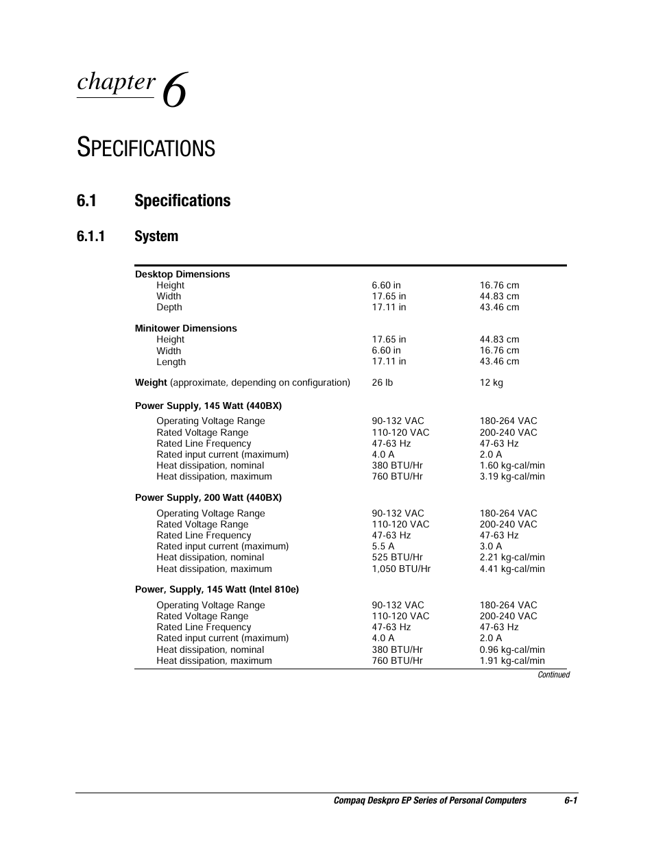 Specifications, 1 specifications, Chapter | Pecifications, 1 system | Compaq EP Series User Manual | Page 109 / 126