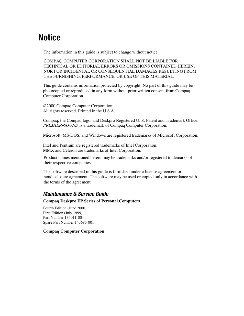 Notice | Compaq EP Series User Manual | Page 3 / 126