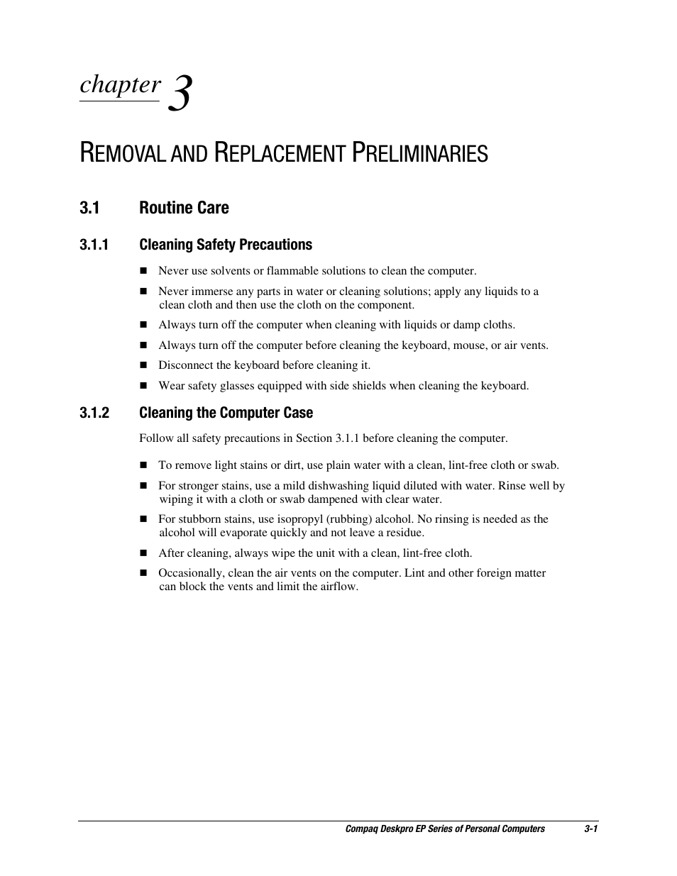 Removal and replacement preliminaries, 1 routine care, Chapter | Emoval and, Eplacement, Reliminaries | Compaq EP Series User Manual | Page 38 / 126