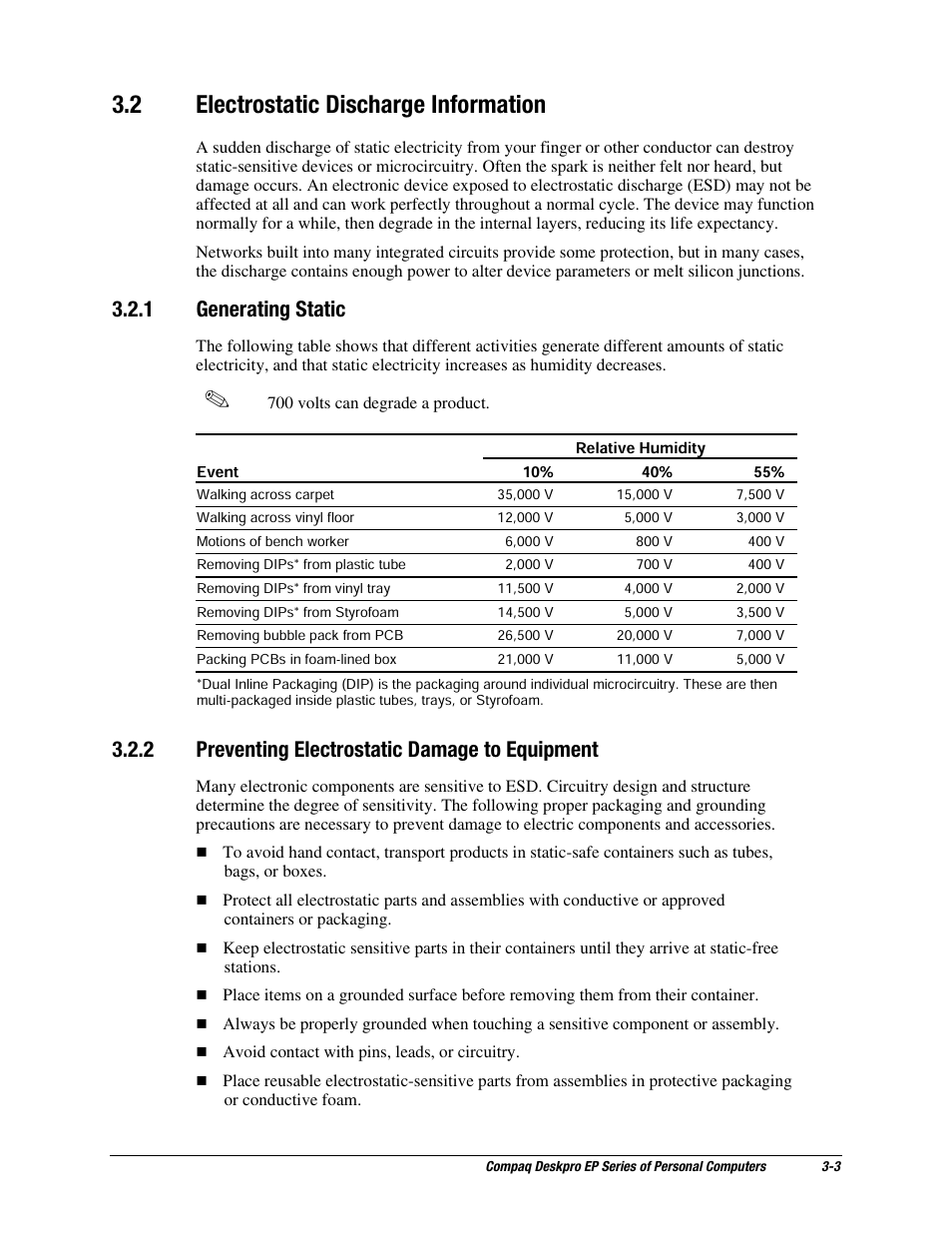 2 electrostatic discharge information, 1 generating static, 2 preventing electrostatic damage to equipment | Compaq EP Series User Manual | Page 40 / 126