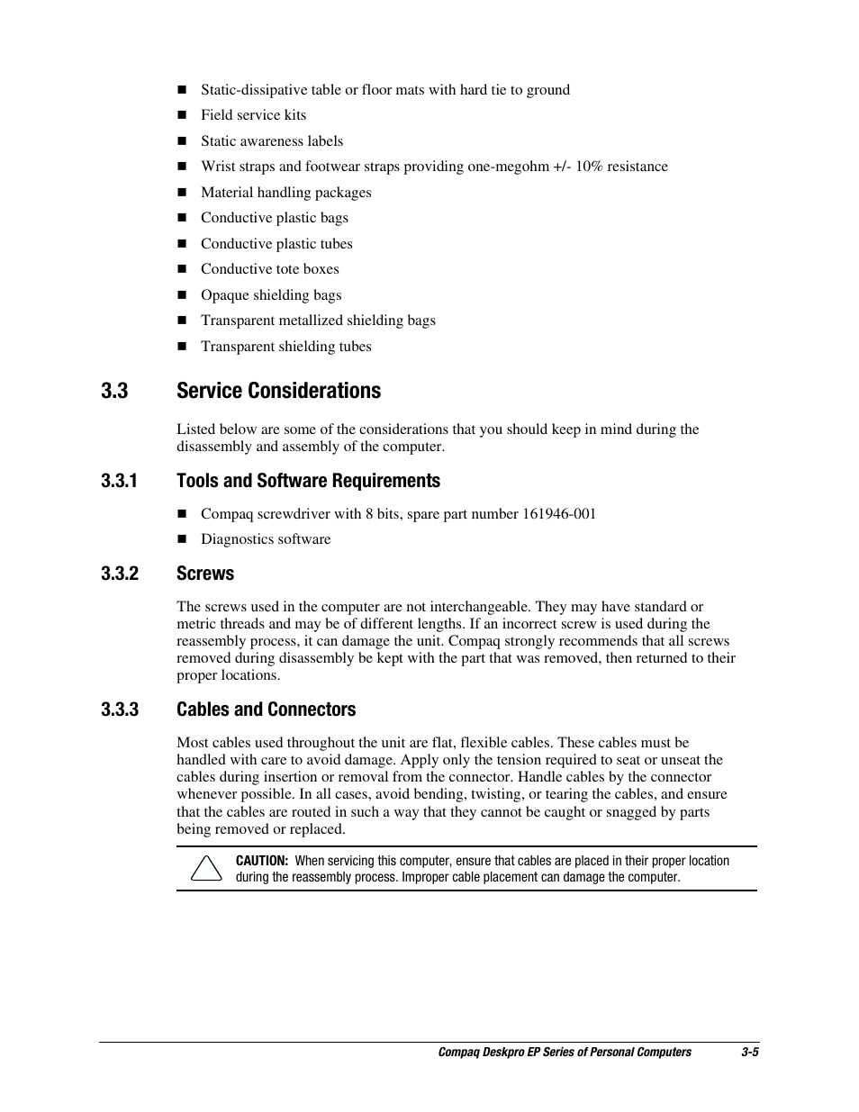3 service considerations, 1 tools and software requirements, 2 screws | 3 cables and connectors | Compaq EP Series User Manual | Page 42 / 126