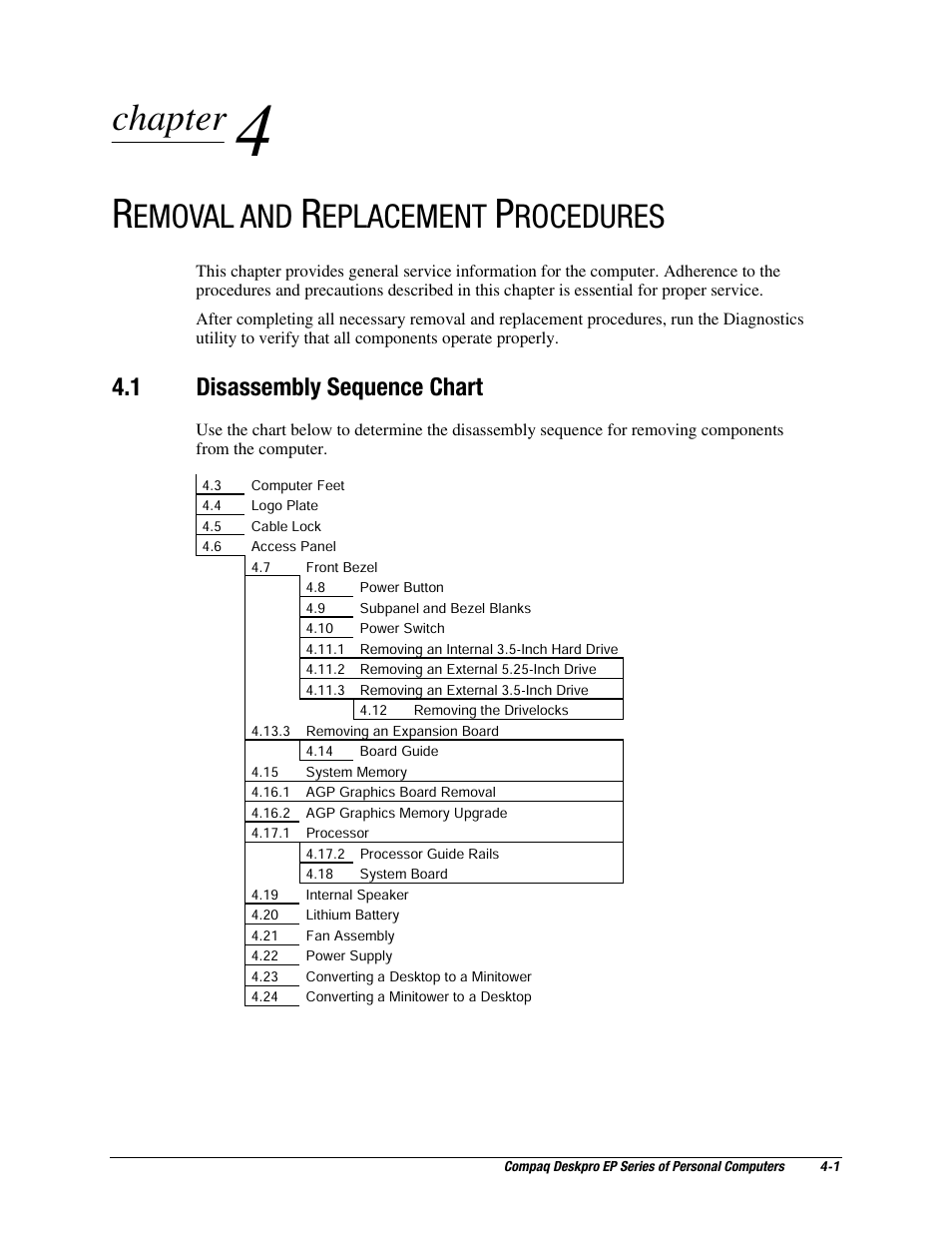 Removal and replacement procedures, 1 disassembly sequence chart, Chapter | Emoval and, Eplacement, Rocedures | Compaq EP Series User Manual | Page 44 / 126