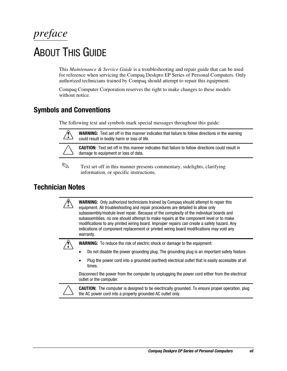 About this guide, Symbols and conventions, Technician notes | Preface, Bout, Uide | Compaq EP Series User Manual | Page 7 / 126