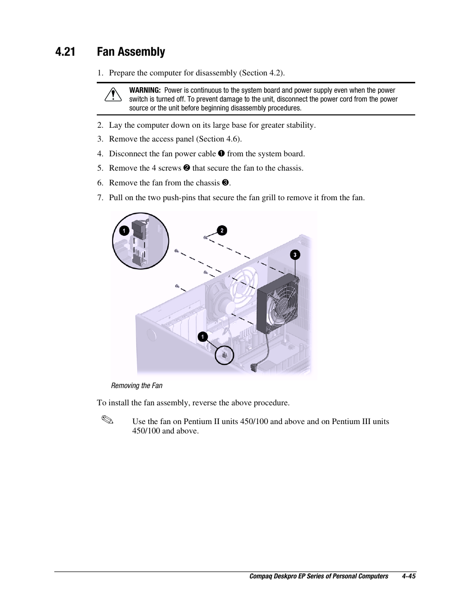 21 fan assembly, Fan assembly | Compaq EP Series User Manual | Page 88 / 126