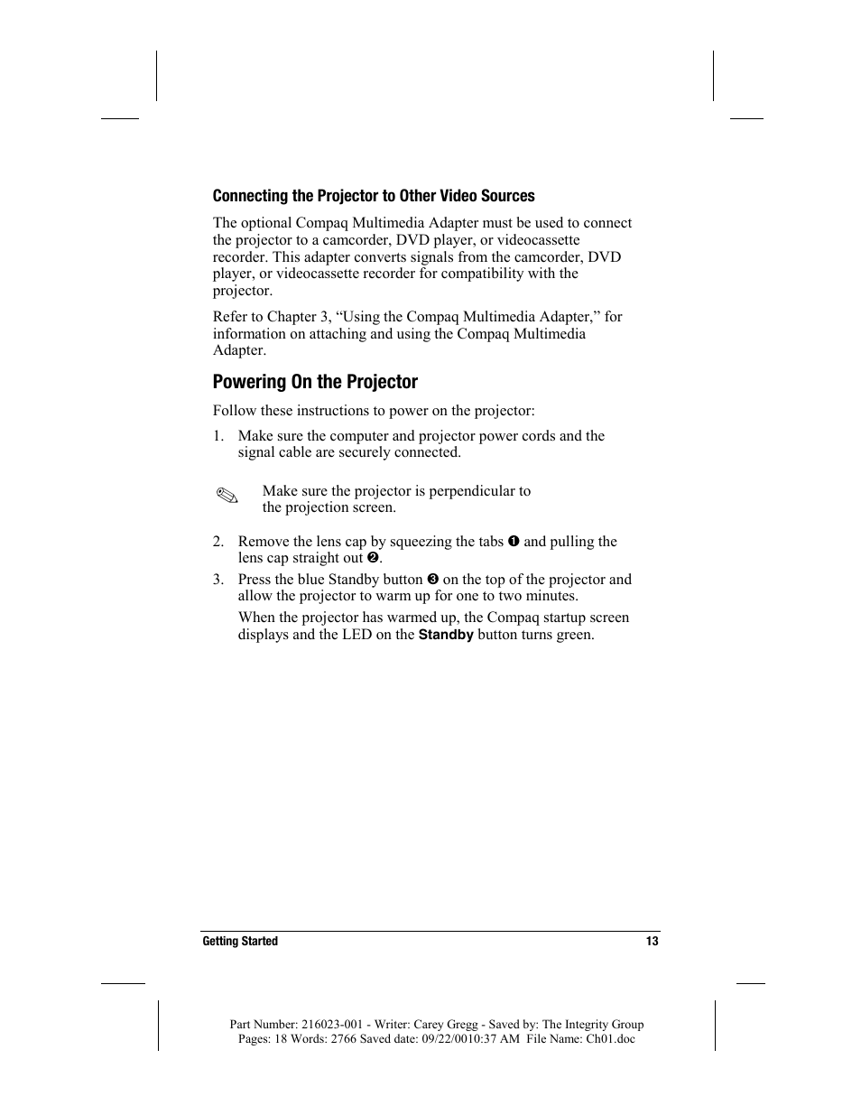 Connecting the projector to other video sources, Powering on the projector | Compaq MP2800 User Manual | Page 13 / 61