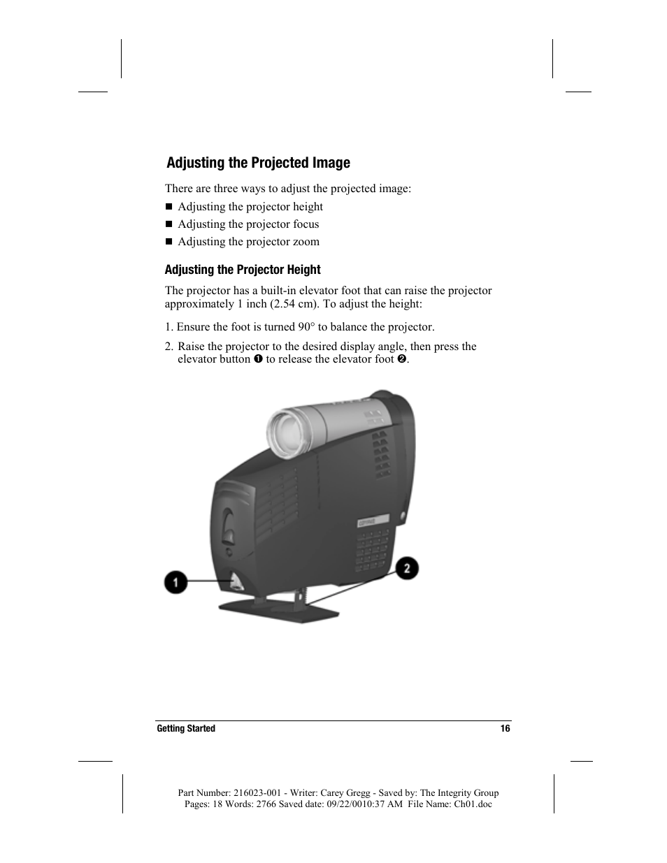 Adjusting the projected image, Adjusting the projector height | Compaq MP2800 User Manual | Page 16 / 61