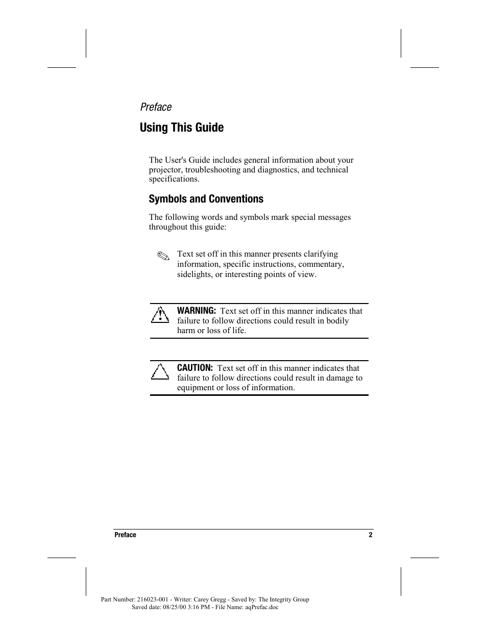 Using this guide, Symbols and conventions | Compaq MP2800 User Manual | Page 2 / 61