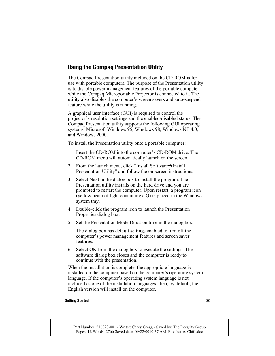 Using the compaq presentation utility | Compaq MP2800 User Manual | Page 20 / 61