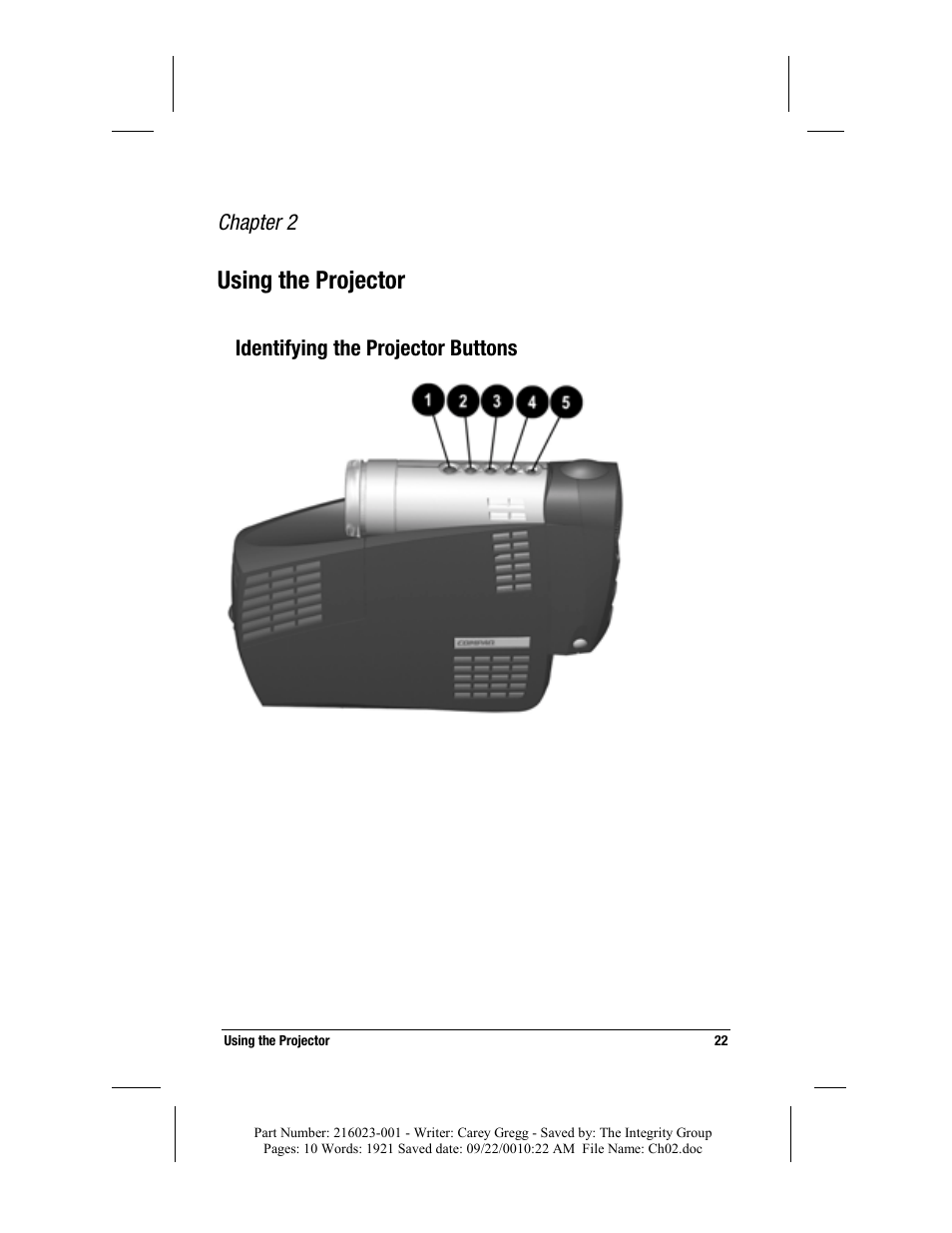 Using the projector, Identifying the projector buttons, Chapter 2 | Compaq MP2800 User Manual | Page 22 / 61