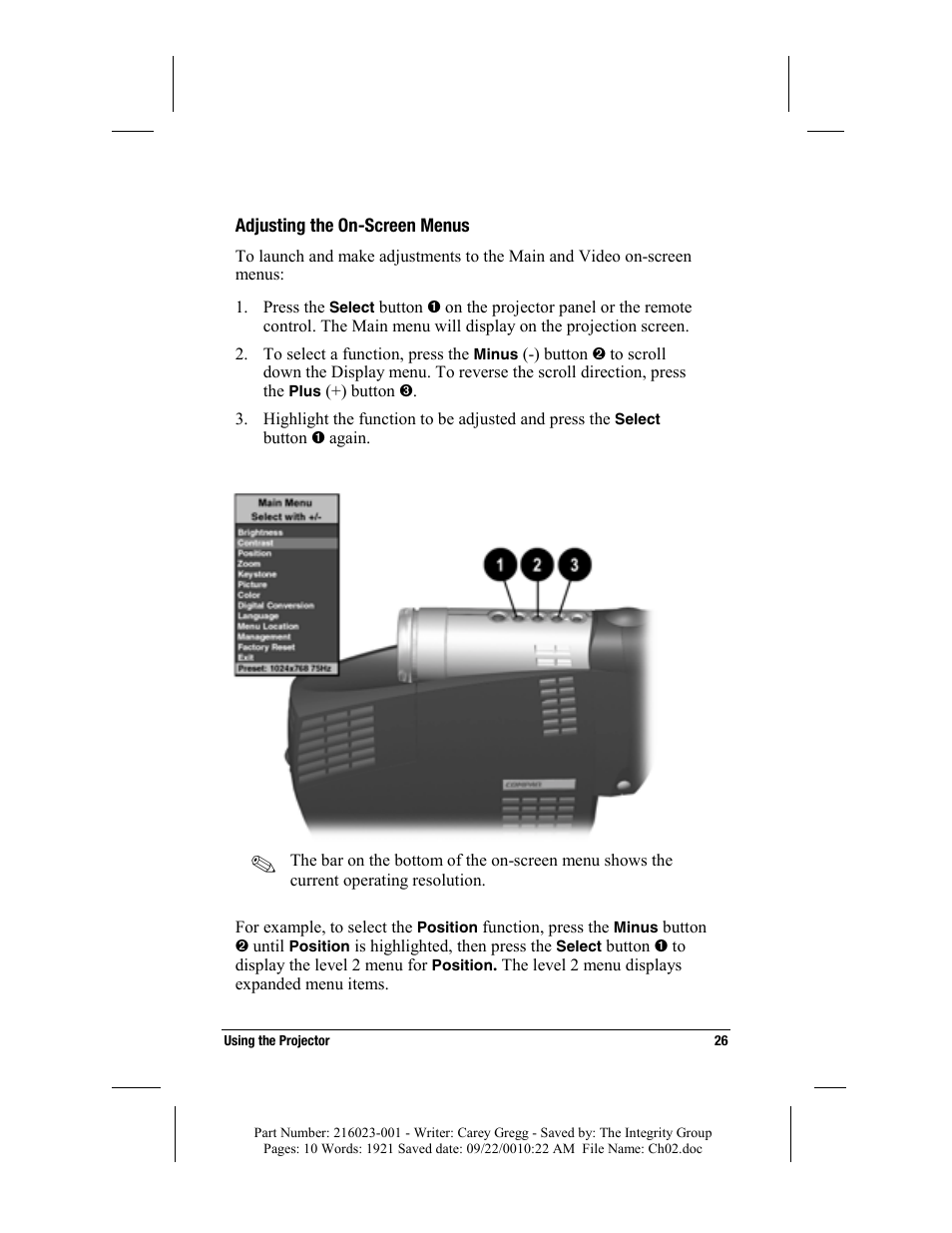 Adjusting the on-screen menus | Compaq MP2800 User Manual | Page 26 / 61