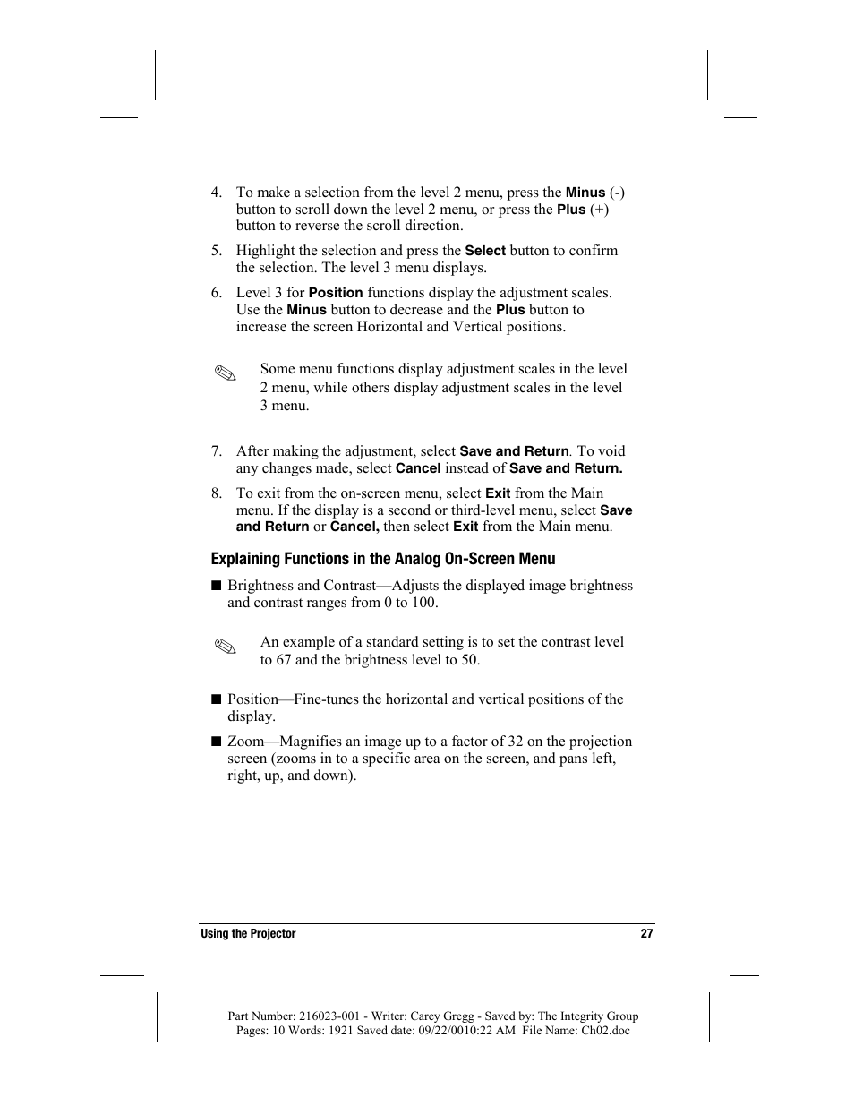 Explaining functions in the analog on-screen menu | Compaq MP2800 User Manual | Page 27 / 61