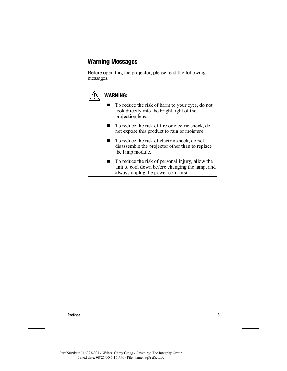 Warning messages | Compaq MP2800 User Manual | Page 3 / 61