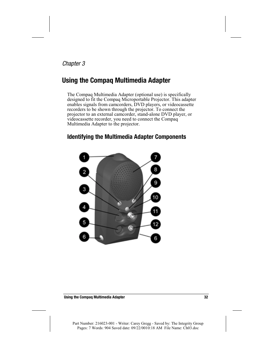 Using the compaq multimedia adapter, Identifying the multimedia adapter components, Chapter 3 | Compaq MP2800 User Manual | Page 32 / 61