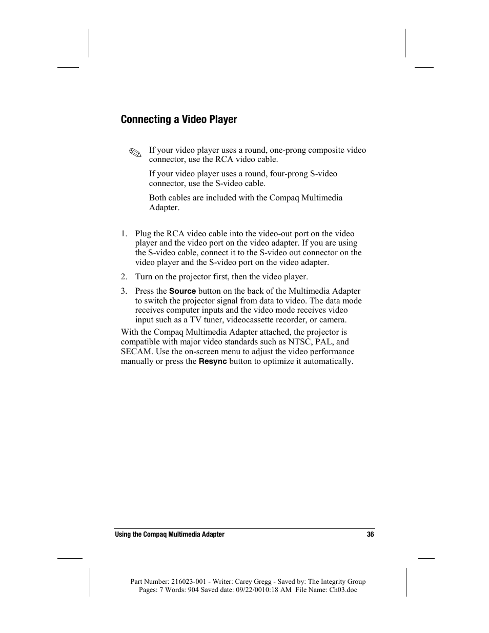 Connecting a video player | Compaq MP2800 User Manual | Page 36 / 61