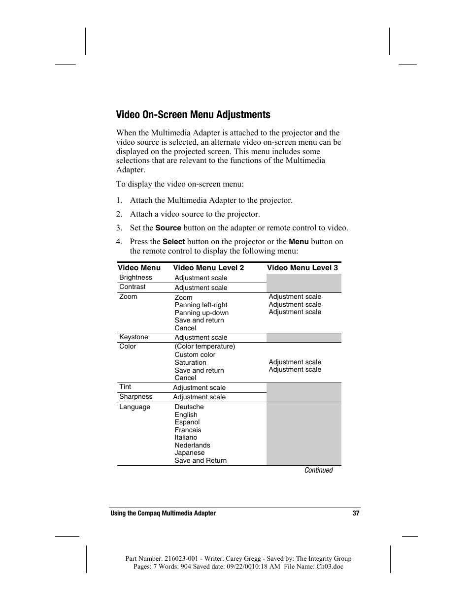 Video on-screen menu adjustments | Compaq MP2800 User Manual | Page 37 / 61