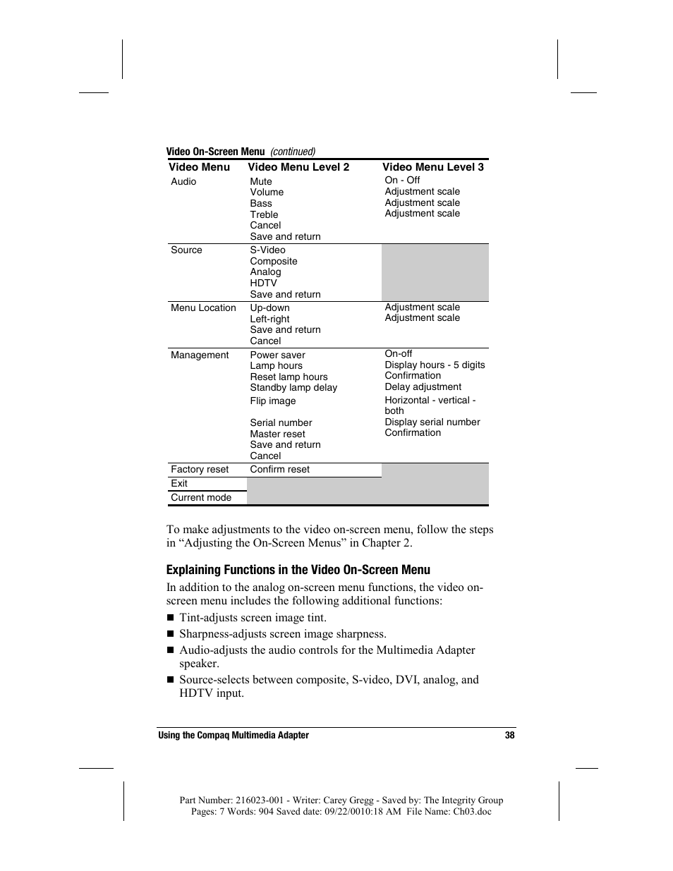 Explaining functions in the video on-screen menu | Compaq MP2800 User Manual | Page 38 / 61