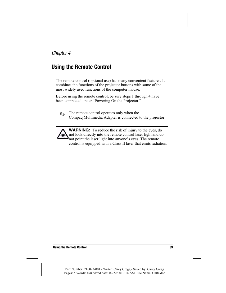 Using the remote control, Chapter 4 | Compaq MP2800 User Manual | Page 39 / 61