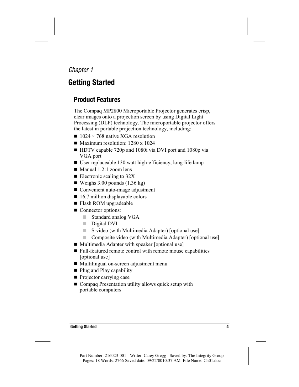 Getting started, Product features, Chapter 1 | Compaq MP2800 User Manual | Page 4 / 61