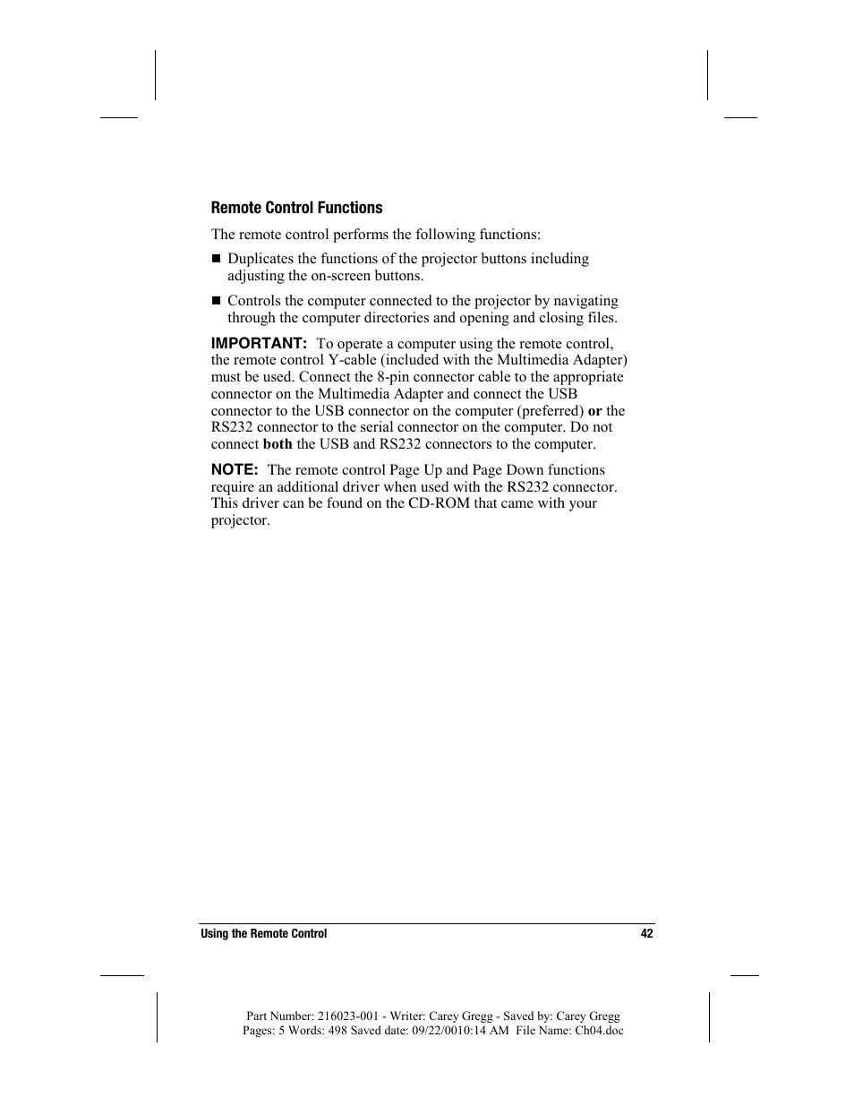 Remote control functions | Compaq MP2800 User Manual | Page 42 / 61