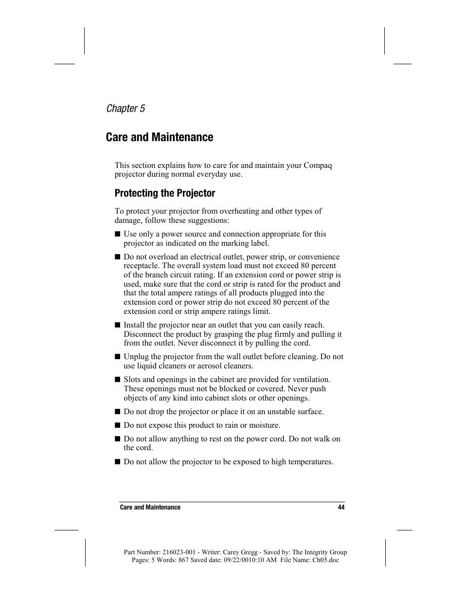 Care and maintenance, Protecting the projector, Chapter 5 | Compaq MP2800 User Manual | Page 44 / 61